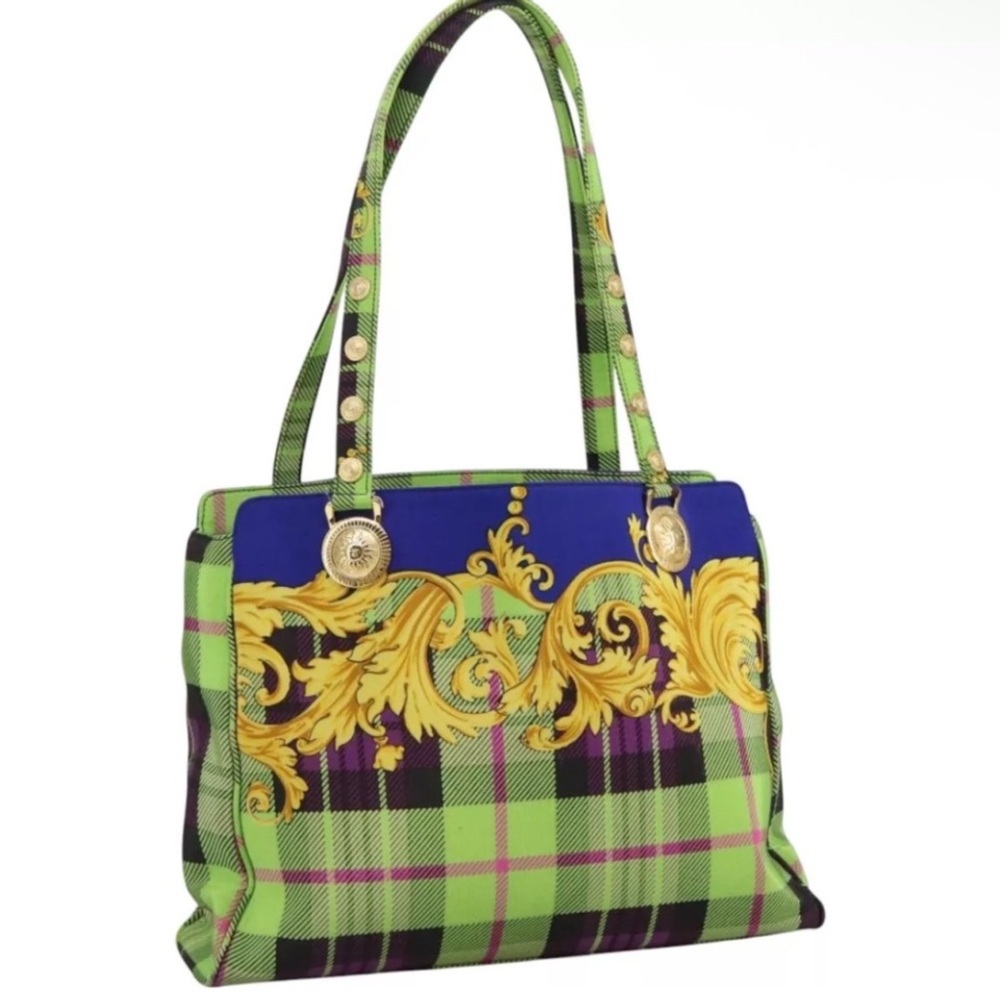 Versace Green and Blue Plaid Tote Bag - Picture 1 of 11